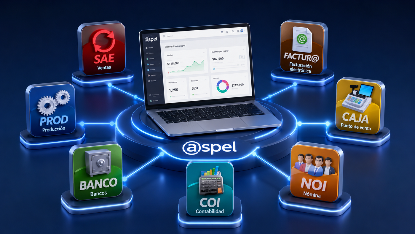 Ecosistema de módulos Aspel integrados: SAE, COI, NOI, Banco, CAJA, PROD, Facture